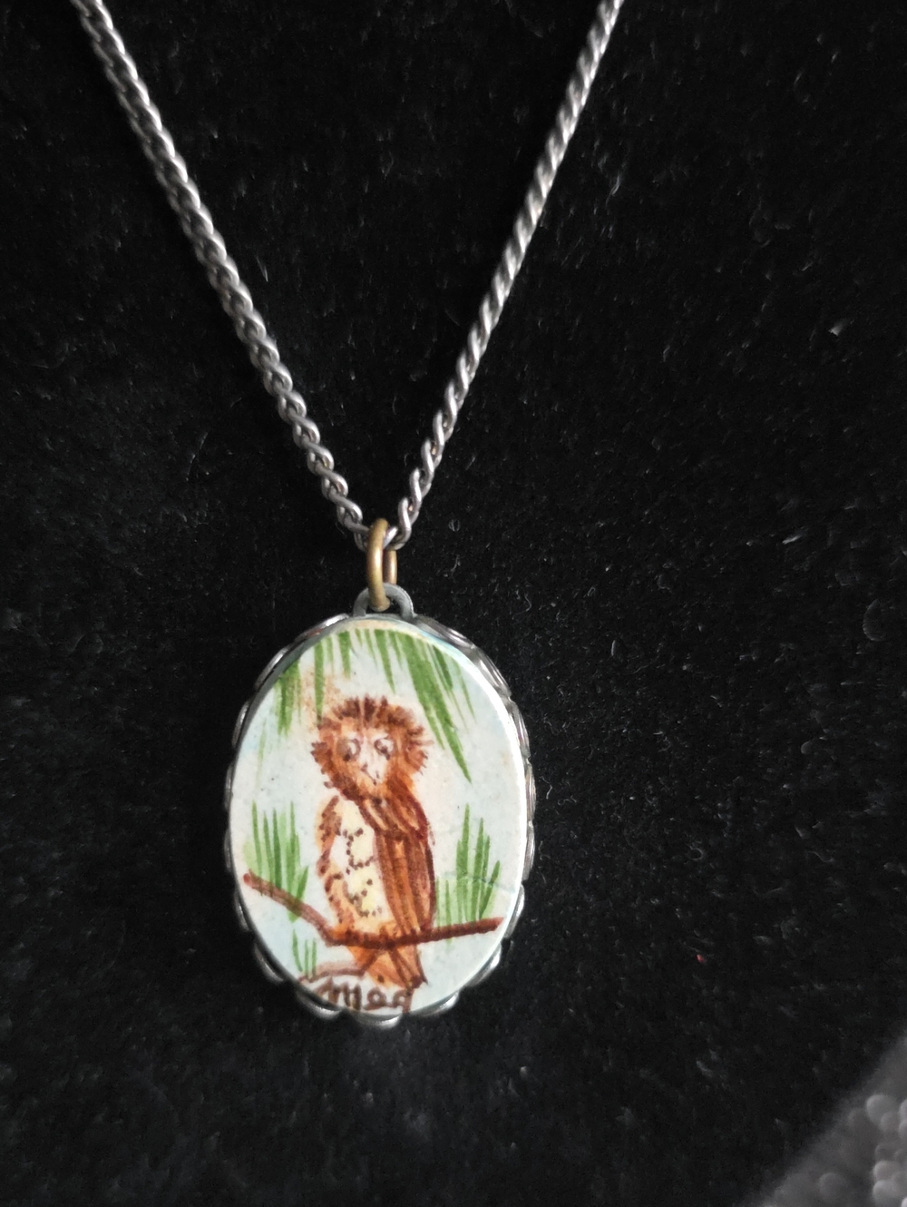 Vintage Brown and Green Owl Pendant Necklace